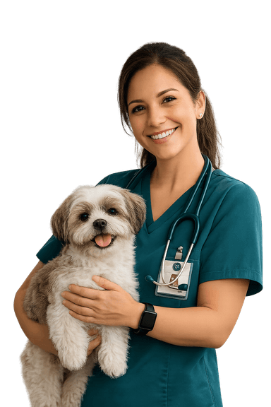 Veterinária da Caopestre segurando um cachorro com carinho